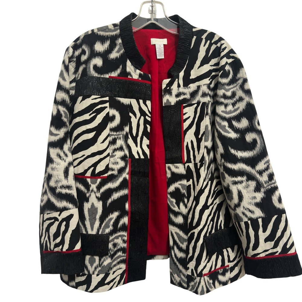 Chico's Jacket Zebra Ikat Black White Red Metallic Mixed Media Open Front Size 3